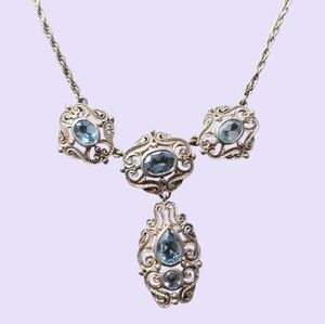 Victorian Style Blue Topaz And Sterling Silver Heavy Lavaliere Necklace